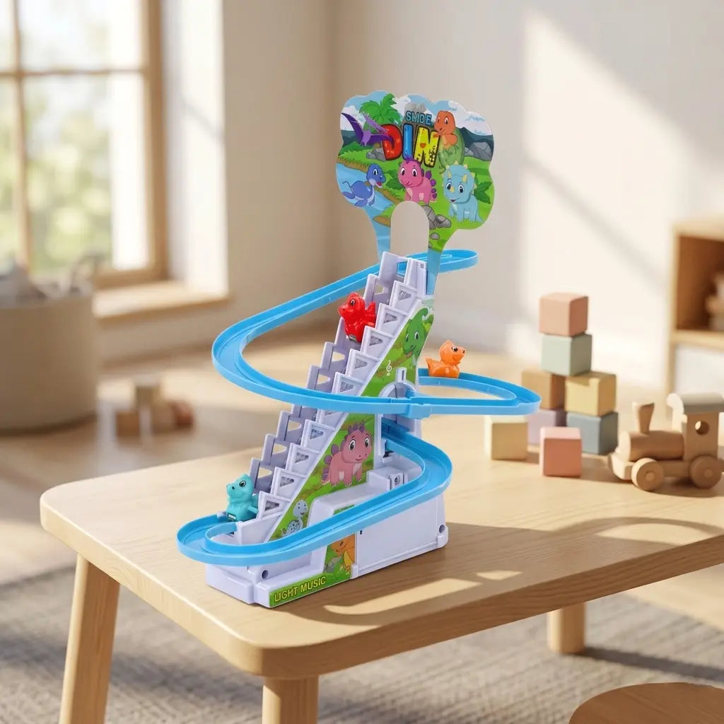 Pista dinozauri Lean Toys așezată pe o masă joasă într-o cameră luminoasă de joacă.