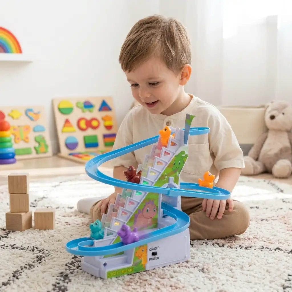Copil într-o cameră luminoasă, jucându-se cu pista dinozauri Lean Toys cu traseu albastru și scăriță.