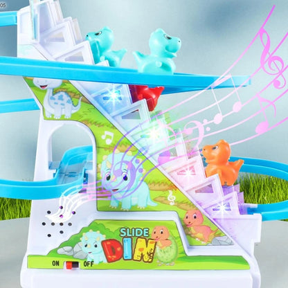 Detaliu cu mecanismul pistei Lean Toys Slide Dino, lumini și muzică pentru joacă interactivă.