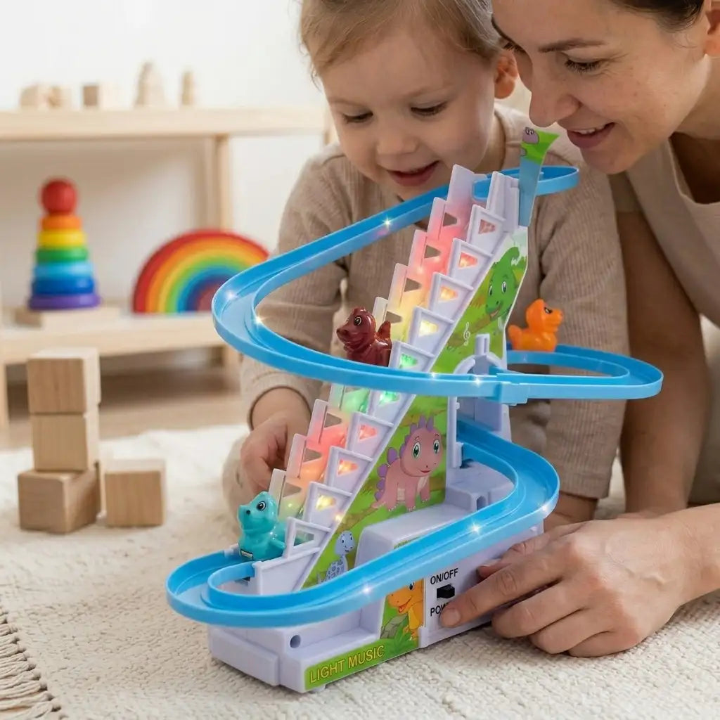 Părinte și copil care se joacă împreună cu pista dinozauri Lean Toys, cu traseul albastru și scărița luminoasă vizibile.