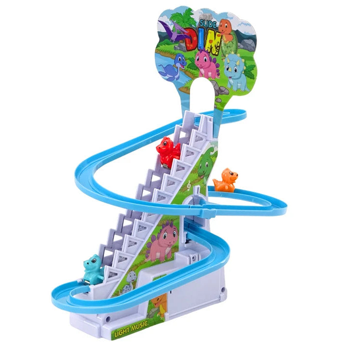 Jucărie interactivă Lean Toys Slide Dino cu scăriță automată și traseu albastru pentru figurine dinozaur.