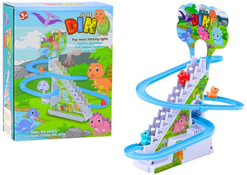 Pistă dinozauri Lean Toys cu ambalaj, scăriță, tobogan albastru, lumini și sunete pentru copii 3+ ani.