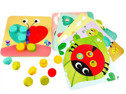 Planșă fluture și planșă buburuză din Tooky Toy Pattern Pegs Big, cu piese colorate pentru potrivire.