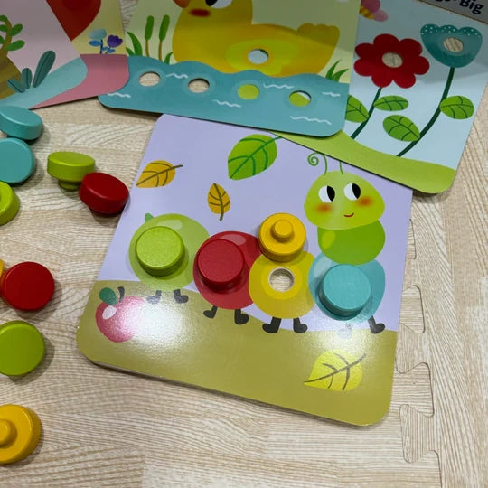 Planșe cu rață, buburuză și omiduță din jocul educativ Tooky Toy Pattern Pegs Big.