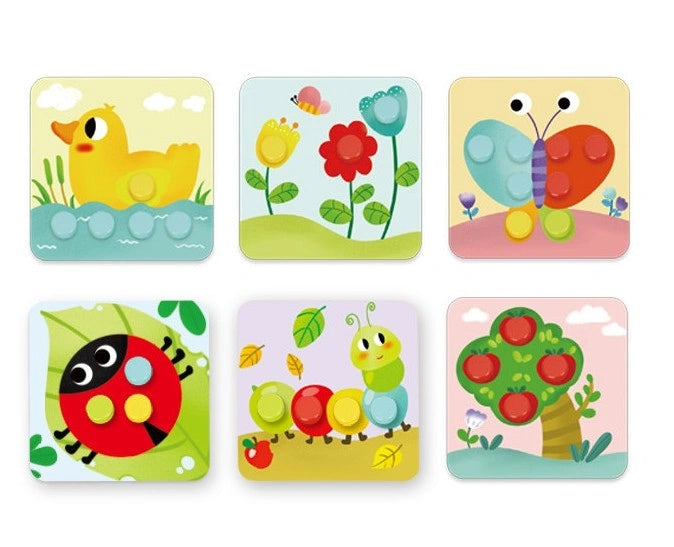 Cele 6 planșe ilustrate Tooky Toy Pattern Pegs Big cu rață, flori, fluture, buburuză, omidă și copac.