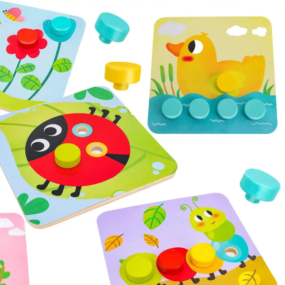 Planșe cu rață, buburuză și omiduță din jocul educativ Tooky Toy Pattern Pegs Big.