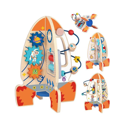Racheta educativa Tooky Toy Activity Rocket din lemn, cu labirint, rotițe si activitati multiple pentru copii de la 24 luni.