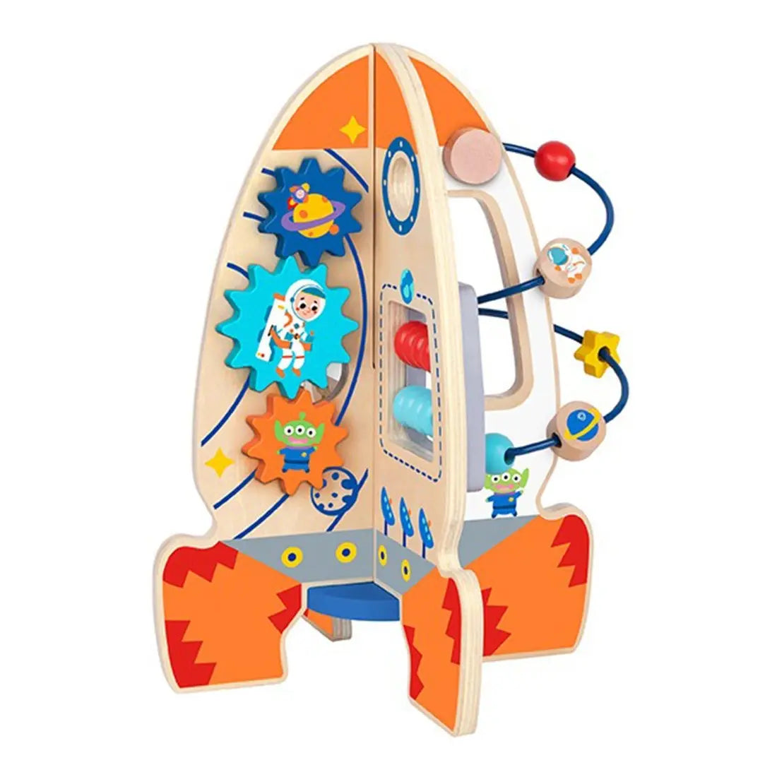 Racheta Tooky Toy din lemn cu rotițe, astronaut, extraterestru si activitati cu tema spatiala.