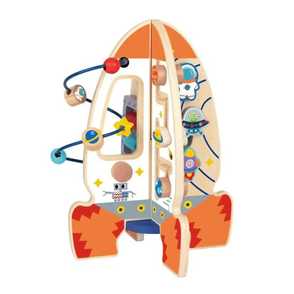 Racheta educativa Tooky Toy vazuta din spate, cu trasee glisante si bile pentru coordonare.
