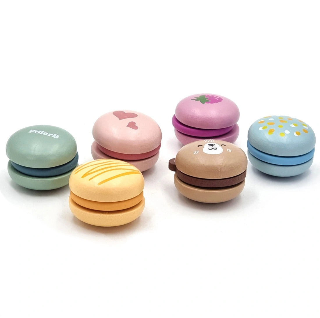 Set de 6 macarons din lemn PolarB Viga în culori pastel, pentru bucătărie de jucărie și cofetărie.