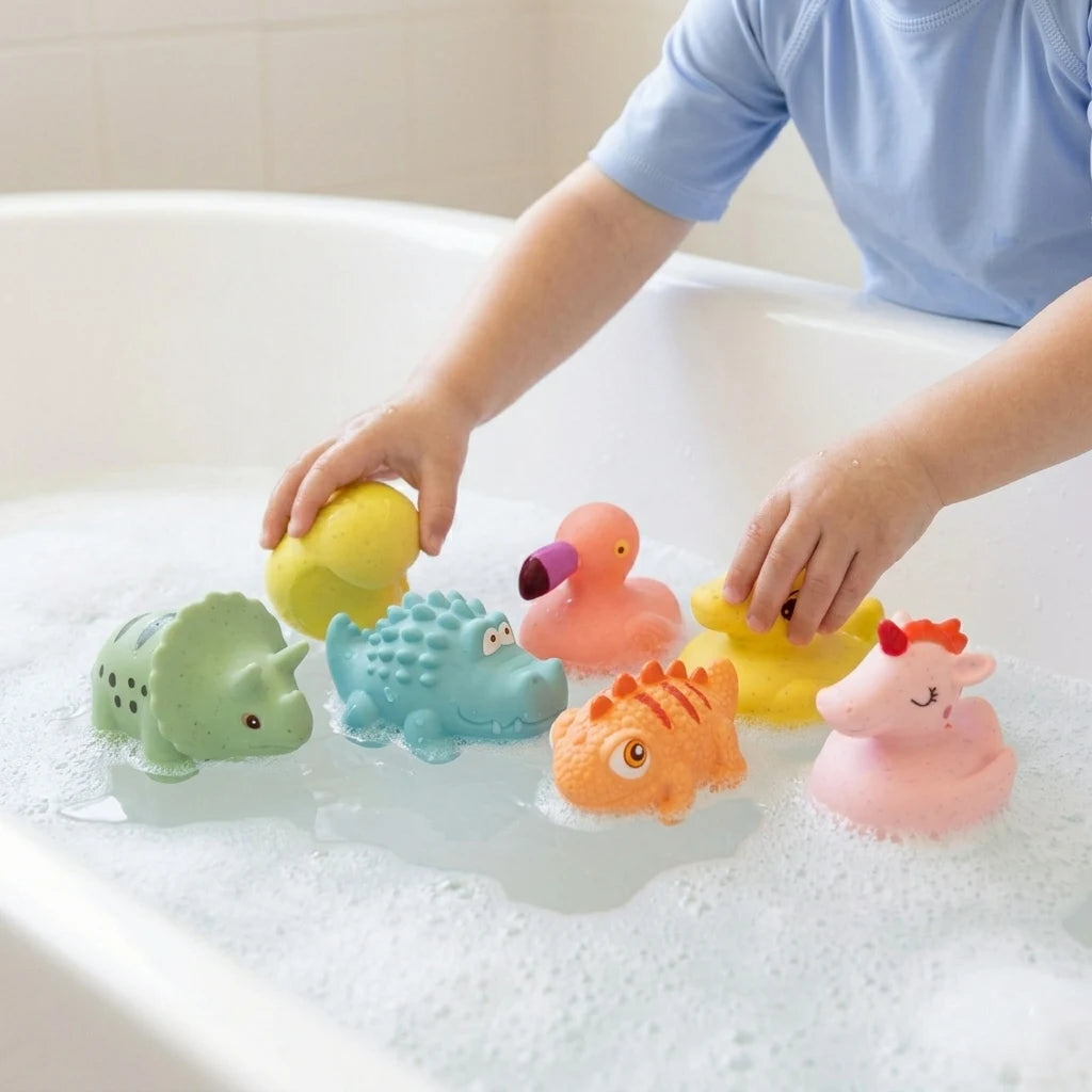 Mâinile copilului care se joacă în cadă cu animăluțele de baie Lean Toys pastel, pe apă cu spumă fină.