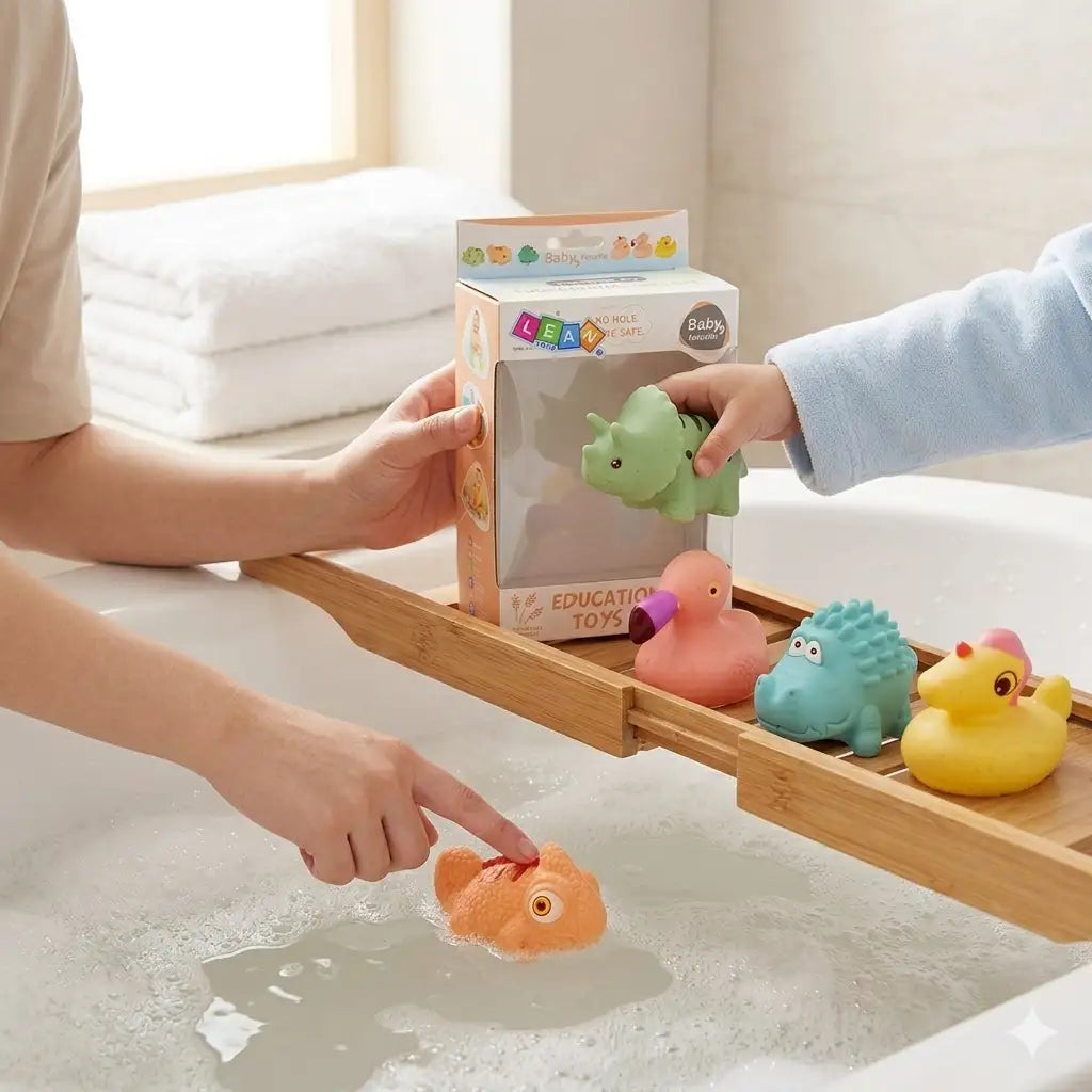 Părinte și copil care aleg animăluțele de baie Lean Toys pastel, lângă cadă și ambalajul setului.