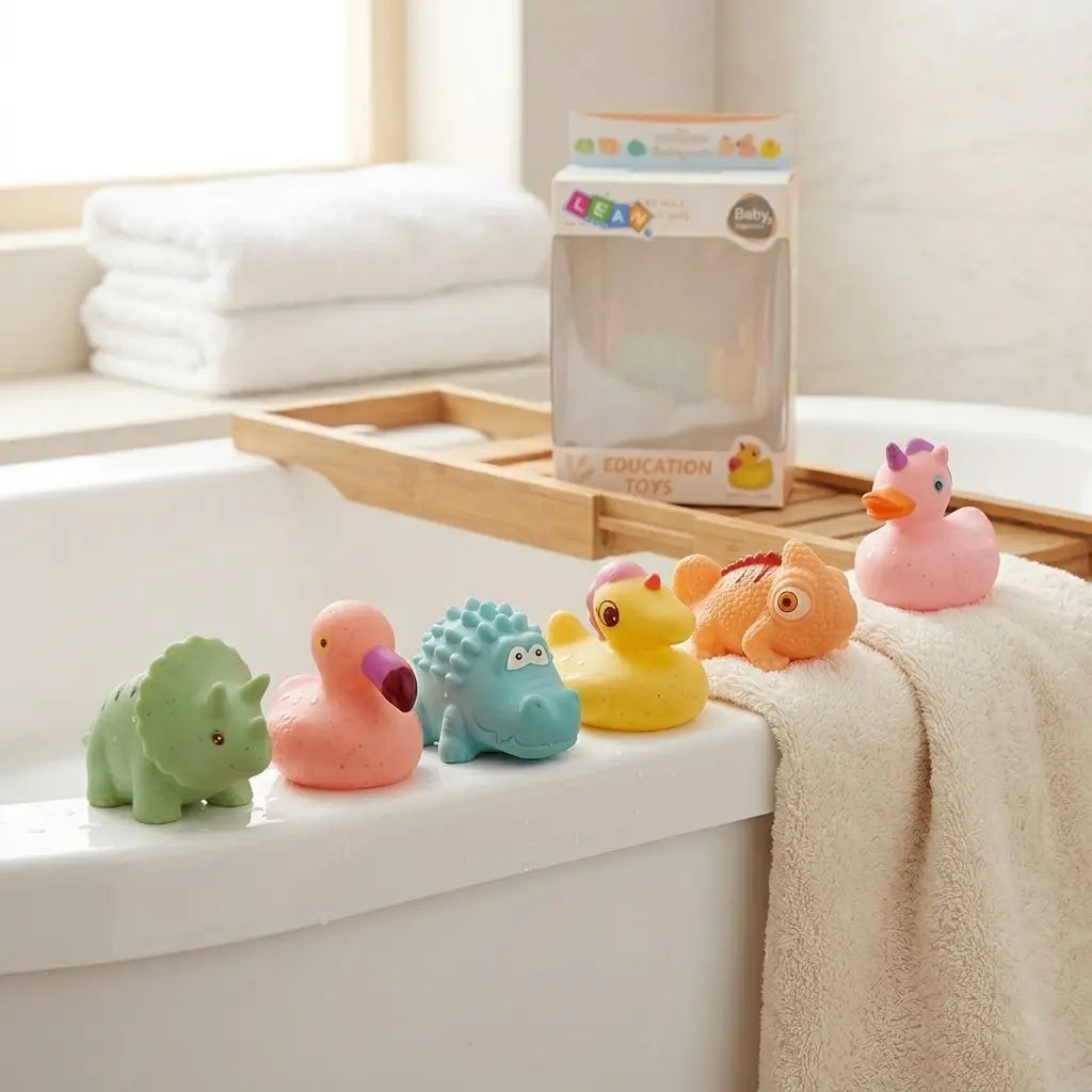 Animăluțele de baie Lean Toys pastel așezate pe marginea căzii, cu prosop moale și ambalaj în fundal
