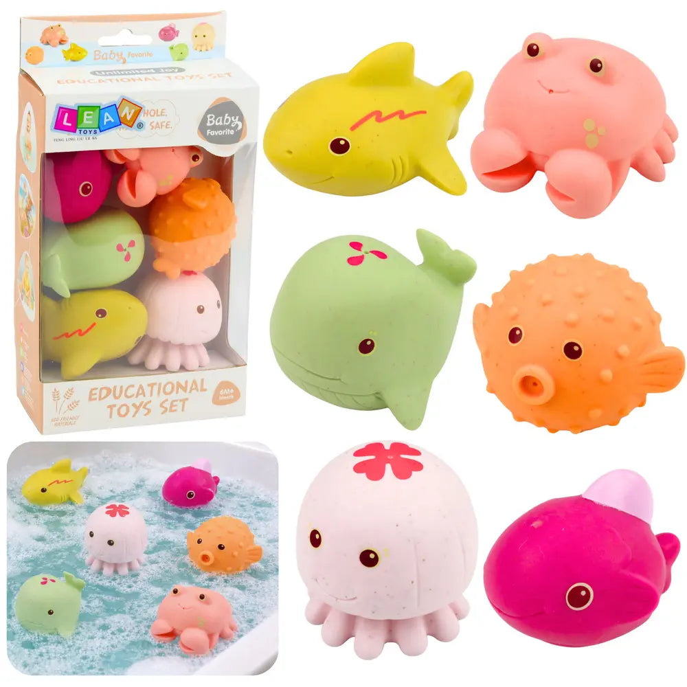 Set de animale marine pentru baie Lean Toys, cu rechin, pește, caracatiță, crab, balenă și pește portocaliu.