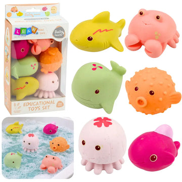 Set de animale marine pentru baie Lean Toys, cu rechin, pește, caracatiță, crab, balenă și pește portocaliu.