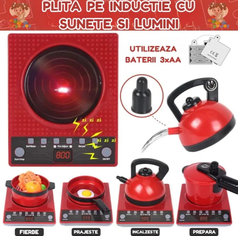 Set bucătărie Woopie Happy Kitchen văzut de sus, cu plită, grătar, ceainic, oale și alimente