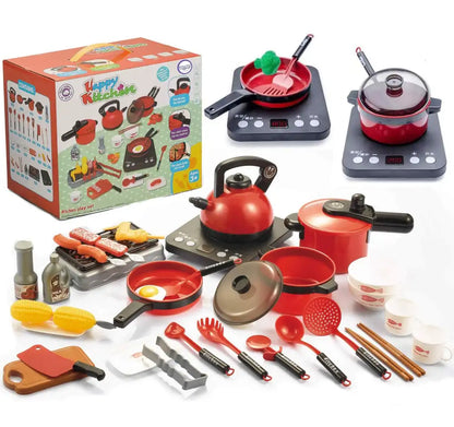 Set bucătărie Woopie Happy Kitchen XXL cu 36 piese, vase, ustensile, alimente și ambalaj.