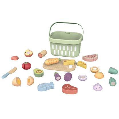 Set complet Tooky Toy Cutting Food cu coș, tocător, cuțit de lemn și alimente de tăiat, 31 piese.