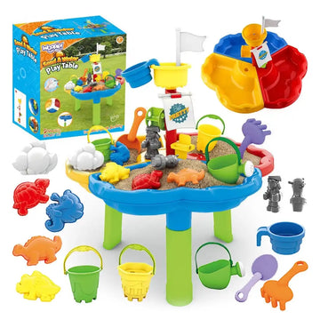 Set complet Woopie Sand and Water Play Table cu ambalaj, masă, forme, găletușe, stropitoare și figurine.