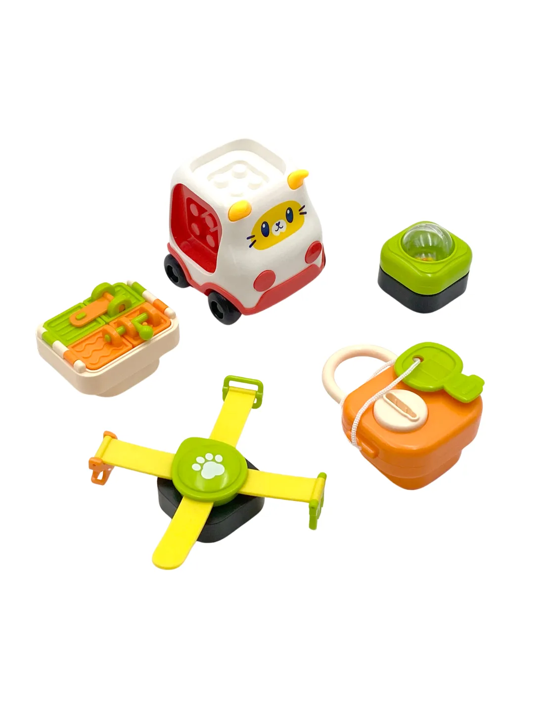 Set Woopie Training Blocks cu mașinuță pisică, cheie, blocuri senzoriale și elice cu catarame.