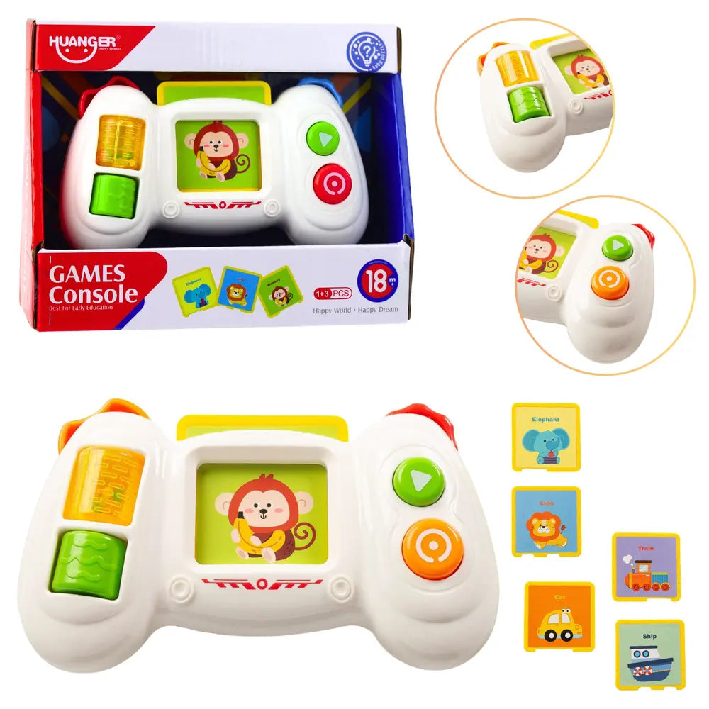 Set Huanger Games Console cu ambalaj, consolă interactivă și carduri educative cu animale și vehicule.