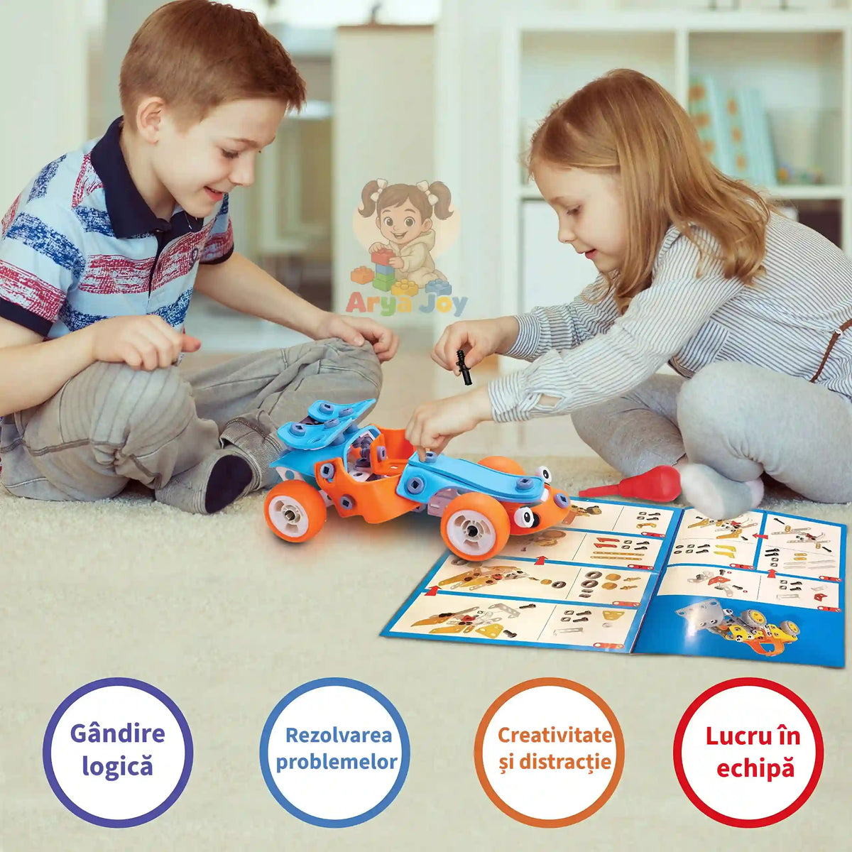 Set construcție STEM Woopie Build & Play 5 în 1, cu mașină, avion, elicopter, încărcător și motocicletă.