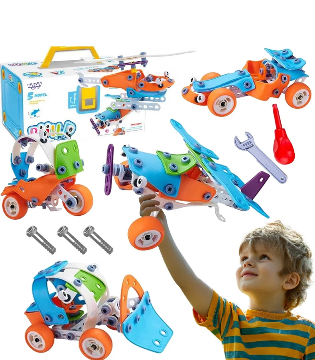 Set construcție STEM Woopie Build & Play 5 în 1, cu mașină, avion, elicopter, încărcător și motocicletă.