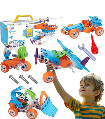 Set construcție STEM Woopie Build & Play 5 în 1, cu mașină, avion, elicopter, încărcător și motocicletă.