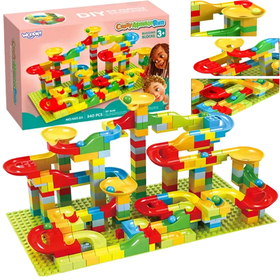 Set construcție Woopie Crazy Marble Run cu pistă pentru bile, 340 piese, cutie și traseu multicolor asamblat.