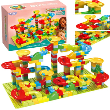 Set construcție Woopie Crazy Marble Run cu pistă pentru bile, 340 piese, cutie și traseu multicolor asamblat.