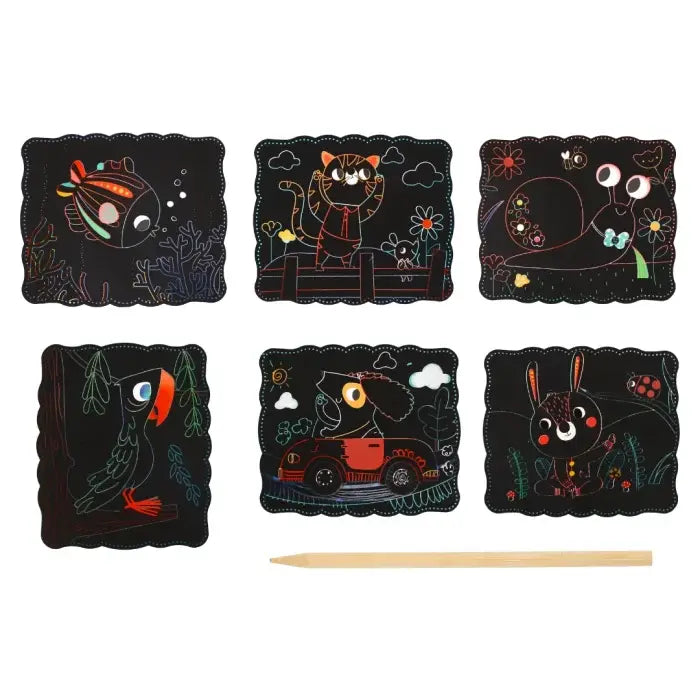 Cele 6 planse Woopie Scratch Art cu pisica, catel, melc, iepuras, peste si papagal.