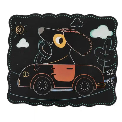 Plansa scratch art Woopie cu catel in masina, nori si copac, pentru desen prin razuire.