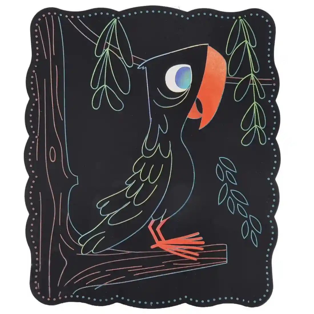 Plansa Woopie Scratch Art cu papagal pe creanga, inclusa in setul creativ cu animale.