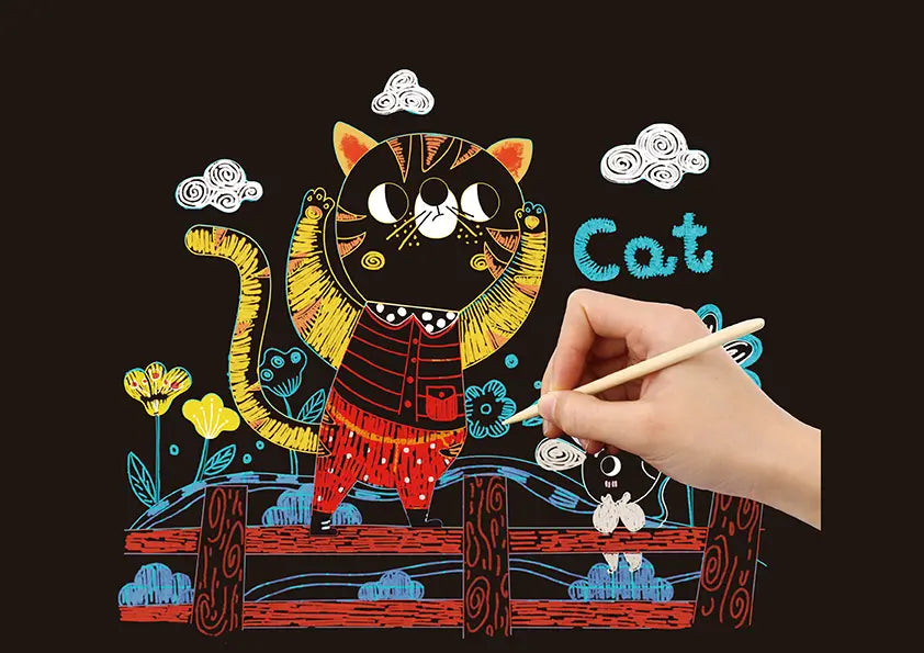 Exemplu de desen scratch art cu pisica colorata, realizat prin razuire cu betisor.