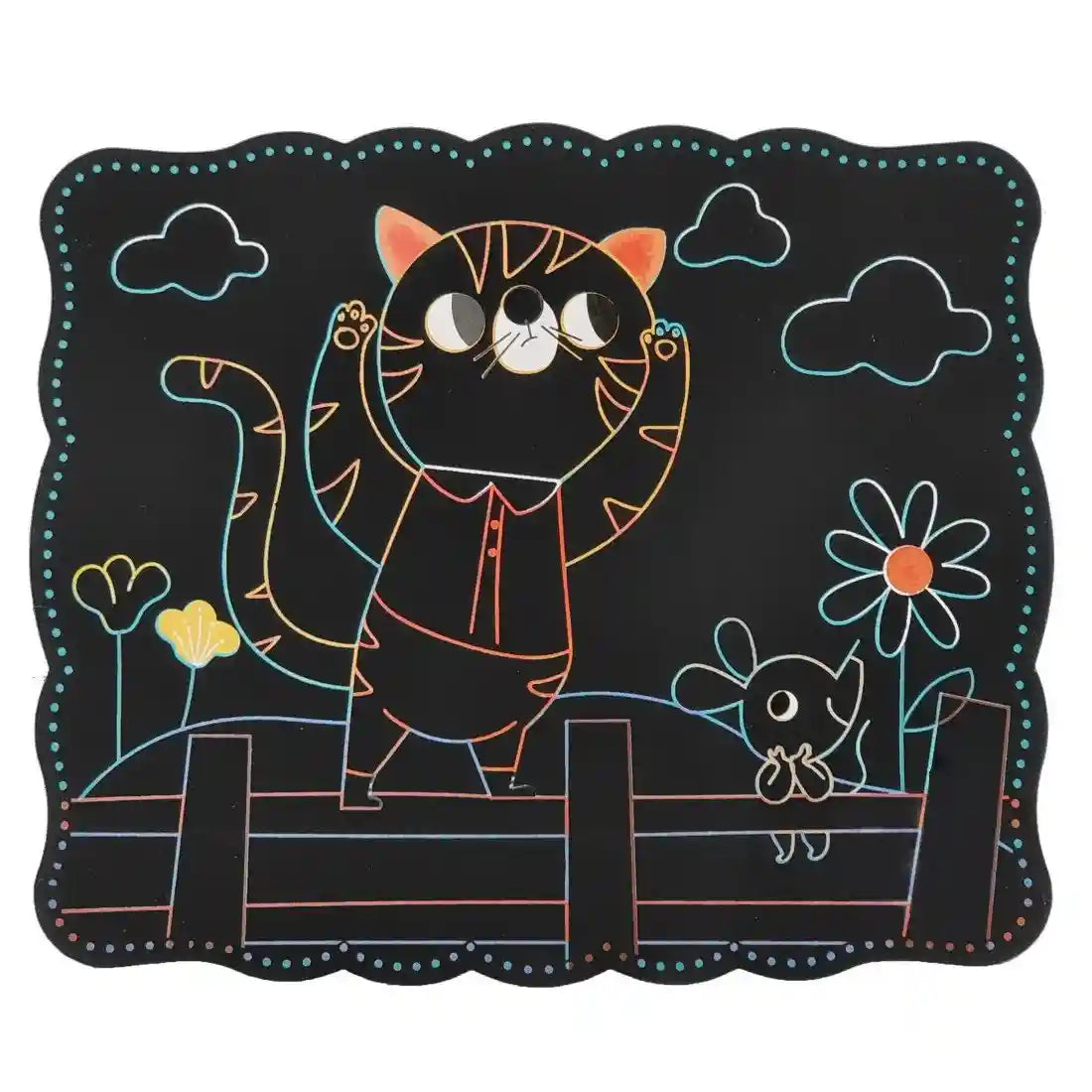 Plansa Woopie Scratch Art cu pisica pe gard, flori si soricel, pentru activitate creativa
