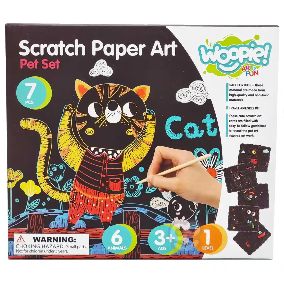 Ambalaj Woopie Scratch Paper Art Pet Set, 7 piese, 6 animale, 3+ ani si nivel 1.