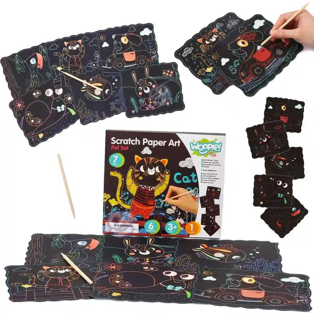 Colaj de prezentare Woopie Scratch Paper Art Pet Set, cu planse, cutie si activitate de razuire.