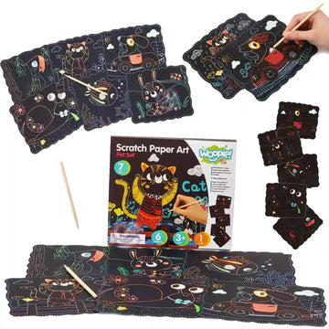 Colaj de prezentare Woopie Scratch Paper Art Pet Set, cu planse, cutie si activitate de razuire.