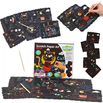 Colaj de prezentare Woopie Scratch Paper Art Pet Set, cu planse, cutie si activitate de razuire.