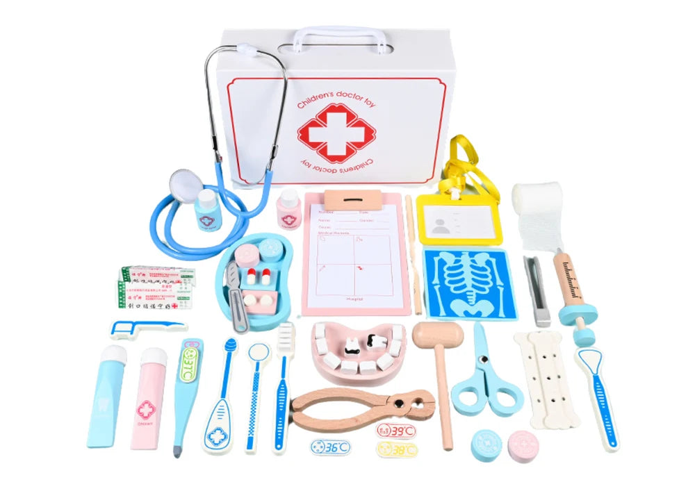 Set doctor și dentist Lean Toys din lemn, cu valiză albă și 43 de accesorii medicale.