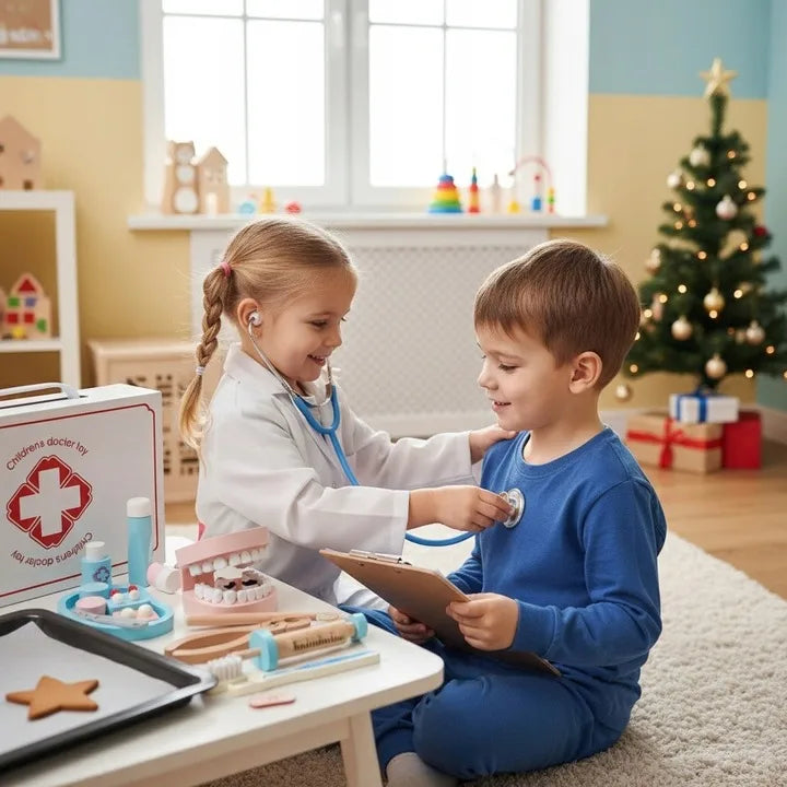 Doi copii se joacă de-a doctorul cu setul Lean Toys, folosind stetoscopul și accesoriile medicale.