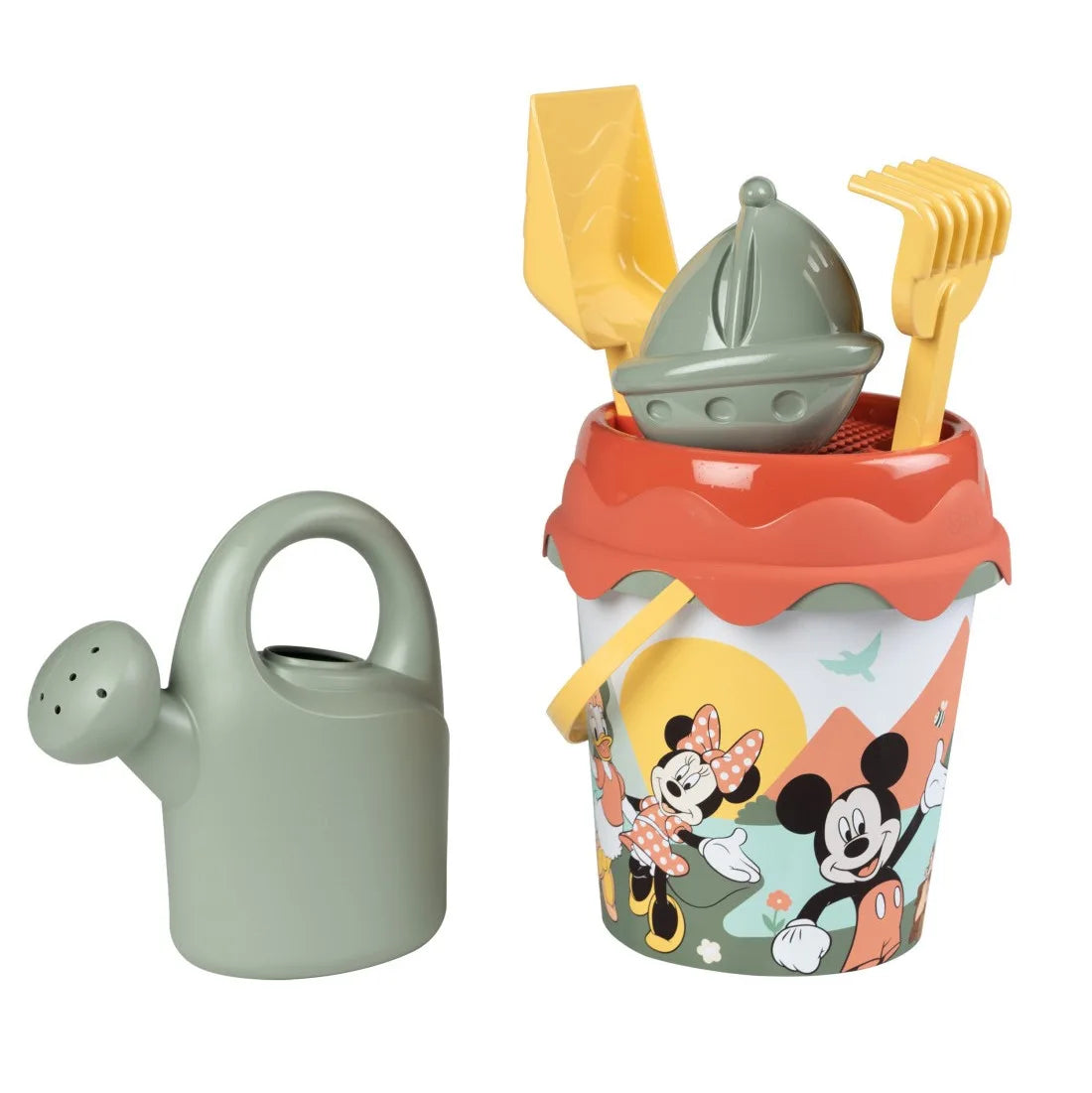 Set Smoby Life Mickey și Minnie pentru plajă, cu găletușă, stropitoare, lopățică, greblă, sită și formă pentru nisip