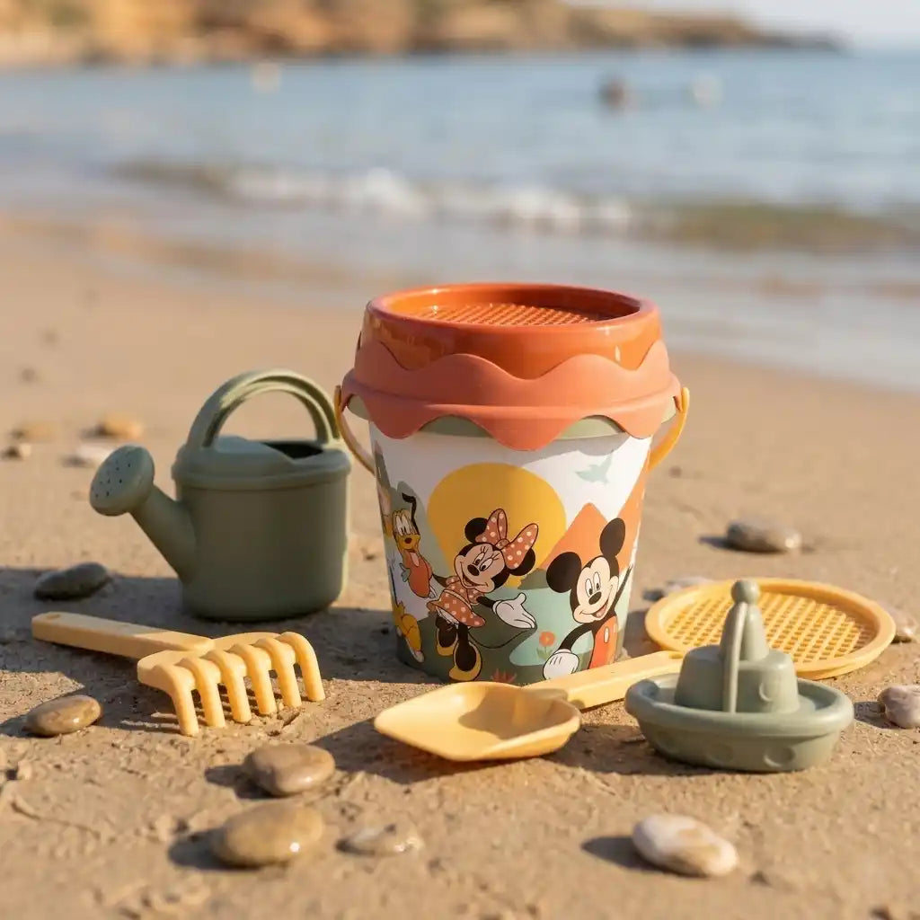 Set Smoby Life Mickey și Minnie cu găletușă, stropitoare, greblă, lopățică, sită și formă, aranjat pe plajă.