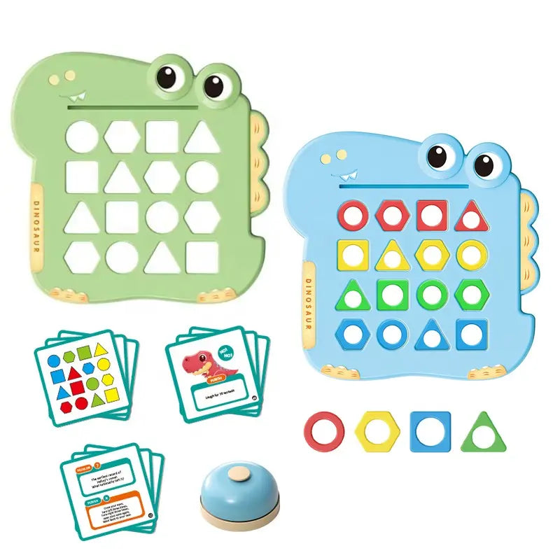 Set Dinozaur Woopie cu doua table, carduri, sonerie si piese de forme geometrice.