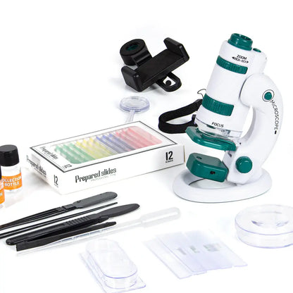 Set microscop educativ Lean Toys cu accesorii, lamele pregătite, clemă telefon, pipetă și instrumente.