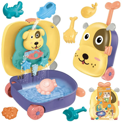 Set Woopie Valiză Cățeluș deschis, cu jucărie de apă, troller și accesorii pentru nisip.