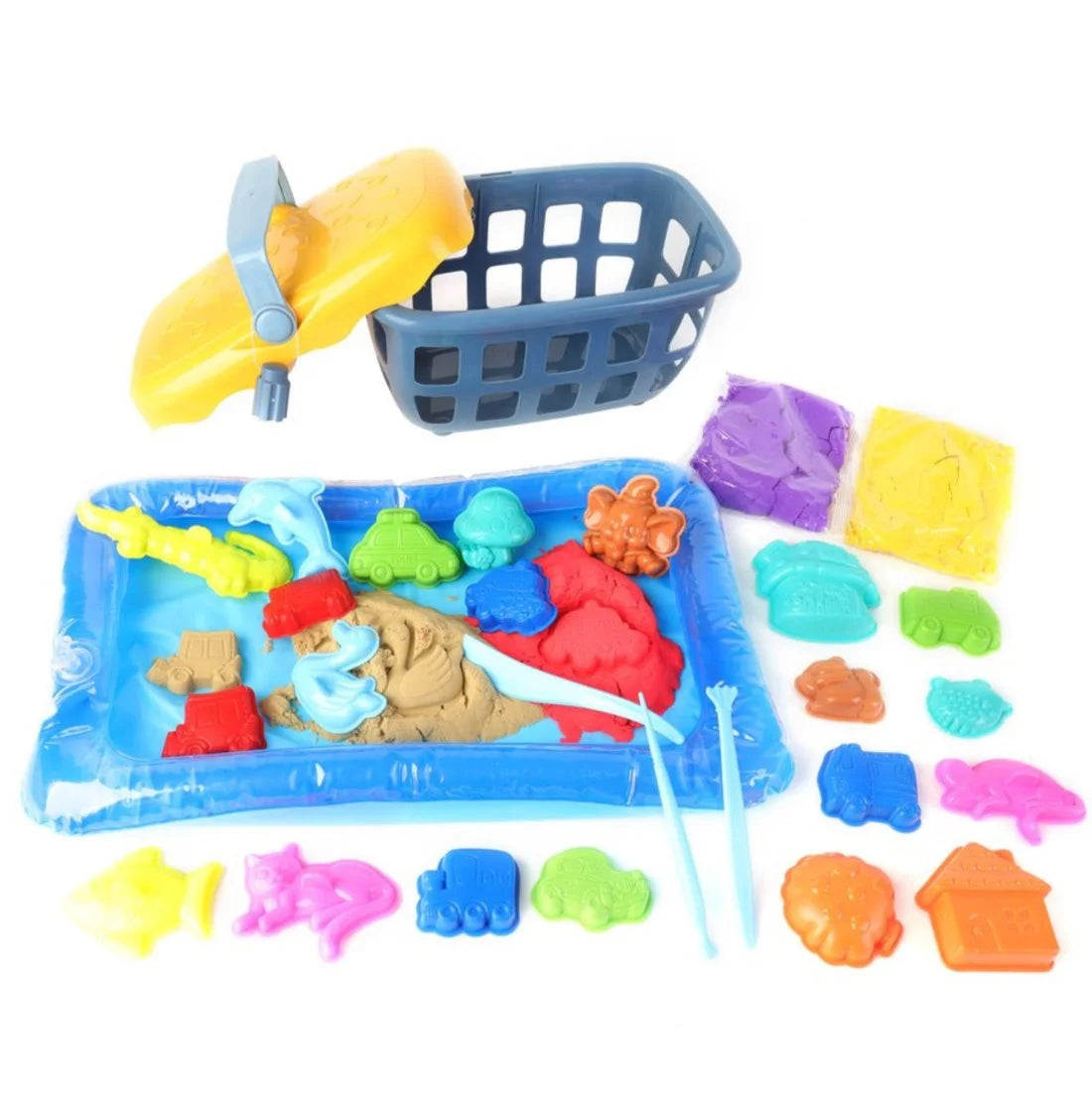 Set complet Woopie cu nisip kinetic, coș de depozitare, tăviță gonflabilă, forme, unelte și pungi colorate.