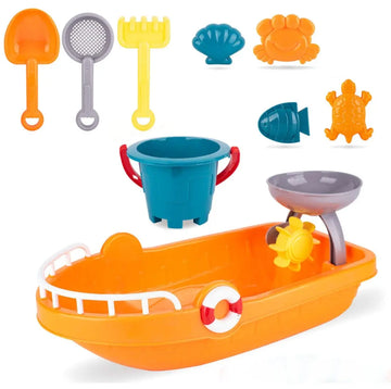 Set Woopie pentru nisip și apă, cu barcă portocalie, găletușă și accesorii pentru joaca de vară.
