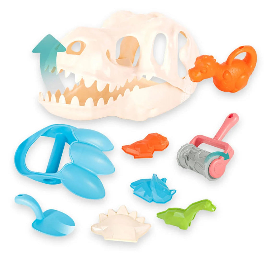 Set de nisip Woopie cu craniu de dinozaur, forme, lopățică, stropitoare, gheare și rolă pentru urme.
