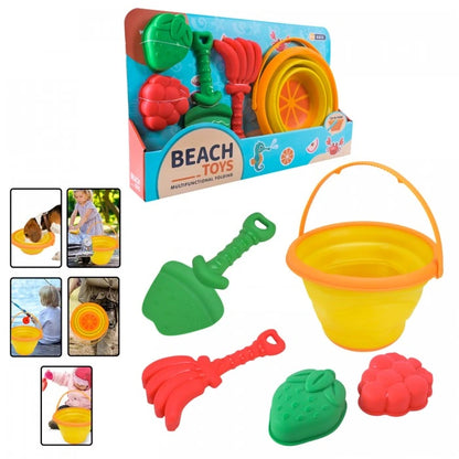 Set complet Woopie Tropical Fruits cu găleată pliabilă, lopățică verde, greblă roșie și două forme pentru nisip.